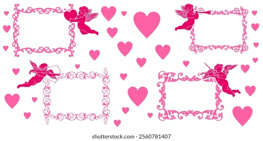 swirls vintage valentine frame with cupid and hearts decoration, for Love wedding and Valentine's day concept romance vector