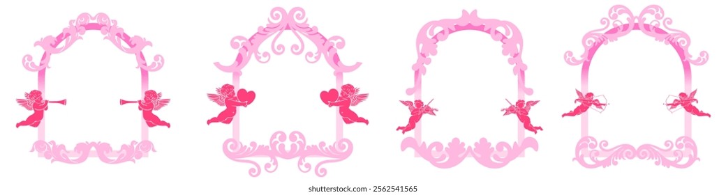 swirls vintage valentine frame with cupid and hearts decoration, for Love wedding and Valentine's day concept romance vector