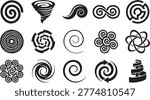 Swirls vortex spiral patterns infinity shapes flower gear interconnected abstract elements.