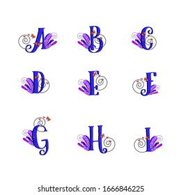 Swirly alphabet set. Pattern abcdefghi letters. Curly blue lettering type characters with colorful butterflies and gradient flourish design. Vector illustration font for cards banners tags and journal