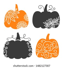 Swirly Decorative Pumpkin set. Thanksgiving Autumn Clip art. Vector Hand Drawn Doodle Element Shape, Isolated on White.