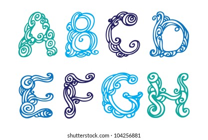 Swirly hand drawn font. Vector letters set A-H