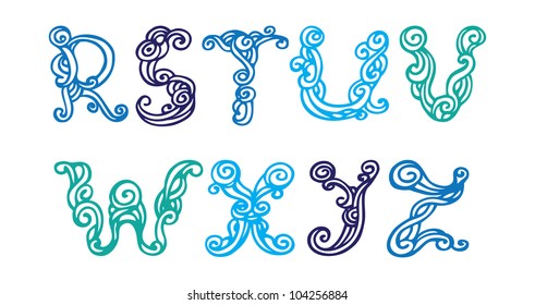 Swirly hand drawn font. Vector letters set R-Z