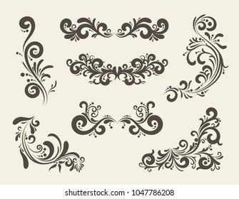 Swirly line curl pattern vector flourish vintage embellishments for greeting cards. Collection of frame decoration illustration