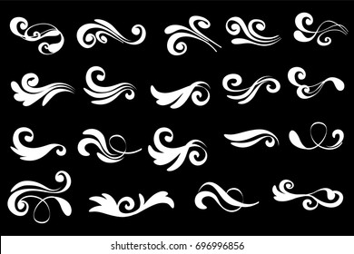 Swirly line curl patterns isolated on black background. Vector flourish vintage embellishments for greeting cards. Collection of filigree frame decoration illustration