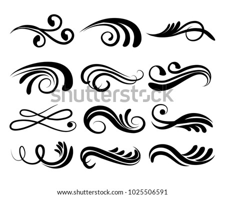 Swirly line curl patterns isolated on white background. Vector flourish vintage embellishments for greeting cards. Collection of filigree frame decoration illustration 商業照片 © 