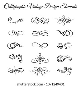 Swirly line curl scroll elements set. Flourish vintage embellishments. Greeting cards, Wedding invitation, Page decoration. Filigree frame, ornate frame. Vector illustration