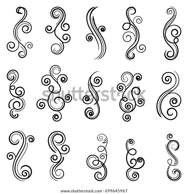 Swirly line curls isolated on\
white background. Vector flourish vintage elements for greeting\
cards. Collection of filigree frame decoration\
illustration.