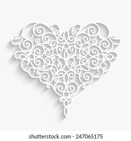 Swirly Paper Heart With Shadow On White, Vector Illustration