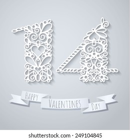 Swirly paper numbers with shadow on white. Valentines Day Card.