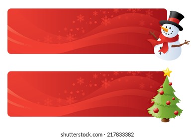 Swirly red festive page headers with snowman and christmas tree.