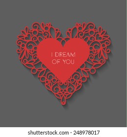 Swirly red paper heart with long shadow on gray, vector illustration