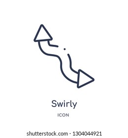 swirly scribbled arrow icon from user interface outline collection. Thin line swirly scribbled arrow icon isolated on white background.
