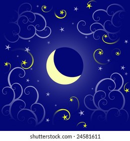 Swirly shooting stars and clouds on a moonlit night vector background