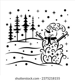 Swirly Snowman, Snowman on Christmas Night, Hand Drawn Vector Illustration