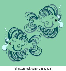 Swirly vector fish design with curly fins and bubbles