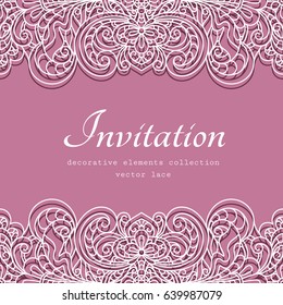 Swirly vector frame with lace border pattern, cutout paper decoration for wedding announcement or invitation design