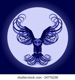 Swirly vector owl swooping in front of the moon