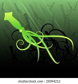 Swirly Vector Squid In A Cloud Of Ink Against A Sea Background