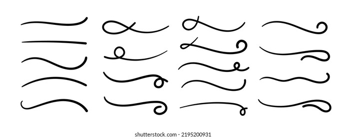 Swish doodle underline set. Hand drawn swoosh elements, calligraphy swirl or sport swoop text tails. Swash decorative strokes on white background, vector illustration.