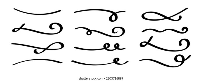 Swish doodle underline set. Hand drawn swoosh elements, calligraphy swirl or sport swoop text tails, Swash decorative strokes on white background, vector illustration.