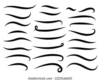 Swish doodle underline set. Hand drawn swoosh elements, calligraphy swirl or sport swoop text tails. Swash decorative strokes on white background, vector illustration