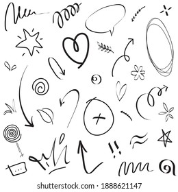 Swish, sweep, emphasize the doodle. Highlight text elements, calligraphy swirls, tails, flowers, hearts, scribble crowns. vector illustrations