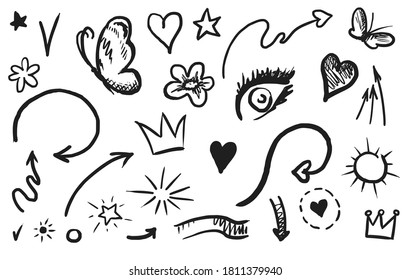 Swish swoop icon. Hand drawn emphasis element and calligraphy swirl isolated icon set. Doodle curly swish, swash, swoop collection on white background. Vector comic scribble sketch illustration