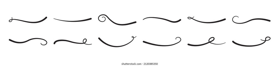 Swish, Swoop Vector Line Icon, Swash And Swoosh Black Underline Set, Hand Drawn Swirl And Curly Text Elements Isolated On White Background. Doodle Retro Collection