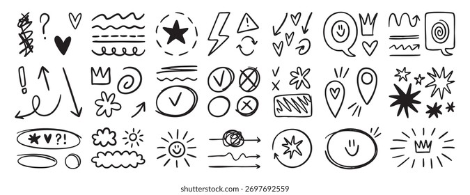 Swishes, barridos, swoops doodle set, dibujado a mano resaltan Elementos, caligrafía remolino retro corazón de flores, corona de estrella para el énfasis del texto. Ilustración vectorial