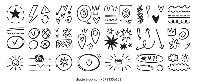 Suíços, varrer, swoops doodle set, mão desenhada elementos de destaque, caligrafia retro coração de flor, coroa de estrela para ênfase de texto. Ilustração vetorial