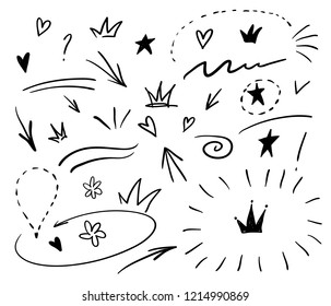 Swishes, swoops, emphasis doodles. Highlight text elements, calligraphy swirl, tail, flower, heart, graffiti crown. - Shutterstock ID 1214990869