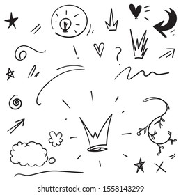 Swishes, swoops, emphasis doodles. Highlight text elements, calligraphy swirl, tail, flower, heart, graffiti crown.doodle hand drawn cartoon line art style