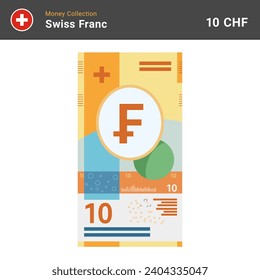 Schweizer 10 Franken Banknote, Vektorgrafik. Papiergeld von zehn Scheinen. Die offizielle Währung der Schweiz CHF. Flacher Stil. Einfaches minimales Design.