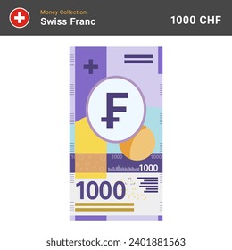 Swiss 1000 francs banknote vector illustration. Paper money of one thousand bills. The official currency of Switzerland CHF. Flat style. Simple minimal design.