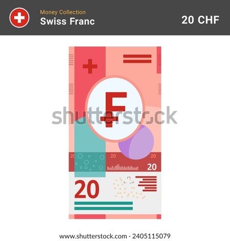 Swiss 20 francs banknote vector illustration. Paper money of twenty bills. The official currency of Switzerland CHF. Flat style. Simple minimal design.