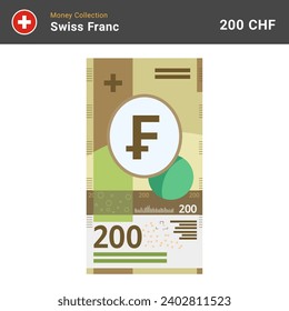 Swiss 200 francs banknote vector illustration. Paper money of two hundred bills. The official currency of Switzerland CHF. Flat style. Simple minimal design.