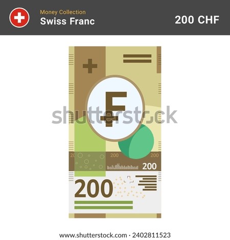 Swiss 200 francs banknote vector illustration. Paper money of two hundred bills. The official currency of Switzerland CHF. Flat style. Simple minimal design.