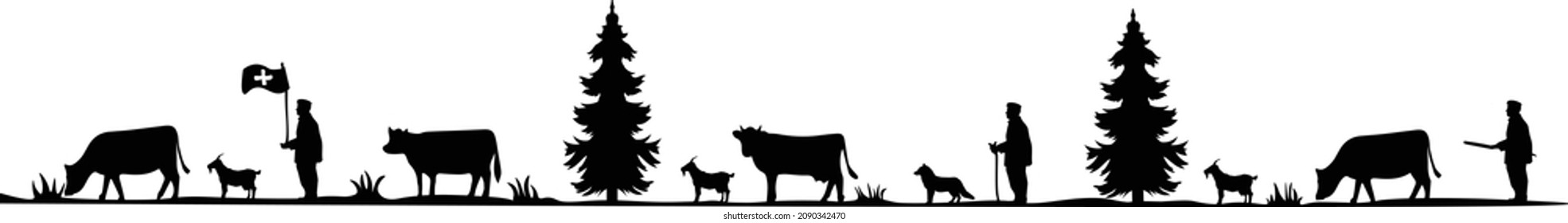 Swiss Alpabzug with cows dogs and trees vector illustration black on white background