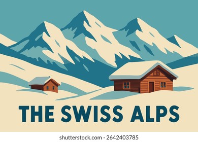 The Swiss Alps are blanketed in snow, with cozy cabins nestled in the serene winter landscape. The peaceful scene offers a perfect retreat in the heart of the mountains