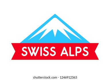 Swiss alps logo illustration, Vector emblem of mountain with ribbon and caption, Badge isolated on white background.