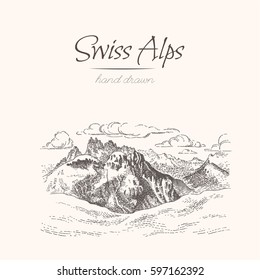 Swiss Alps. Sketch of a mountains, engraving style, hand drawn vector illustration