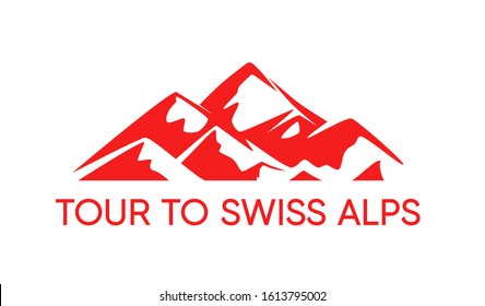 Swiss Alps Tour Emblem red color with Mountains and Caption on white. Vector Logo with Landscape Illustration for European Travel Agency.