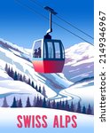 Swiss Alps Travel Poster. Handmade drawing vector illustration. Art Deco style.