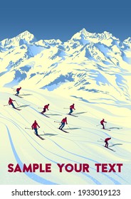 Swiss Alps Travel Poster. Handmade Drawing Vector Illustration. Art Deco Style.