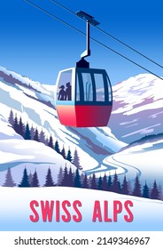 Afiche de viajes de los Alpes suizos. Ilustración de vector de dibujo hecha a mano. Estilo Art Decó.