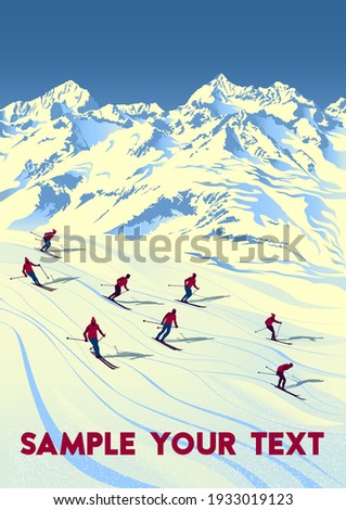 Swiss Alps Travel Poster. Handmade drawing vector illustration. Art Deco style.