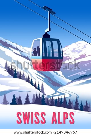 Swiss Alps Travel Poster. Handmade drawing vector illustration. Art Deco style.