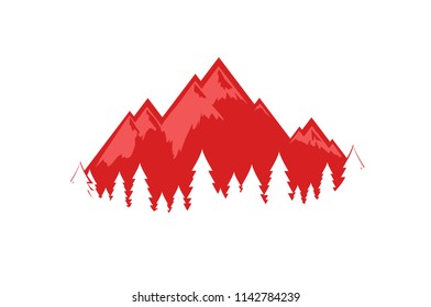 Swiss Alps vector illustration, EPS 10. Isolated beautiful symbol in red color with mountains and forest for decoration travel company.