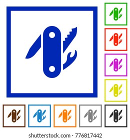 Swiss army knife flat color icons in square frames on white background